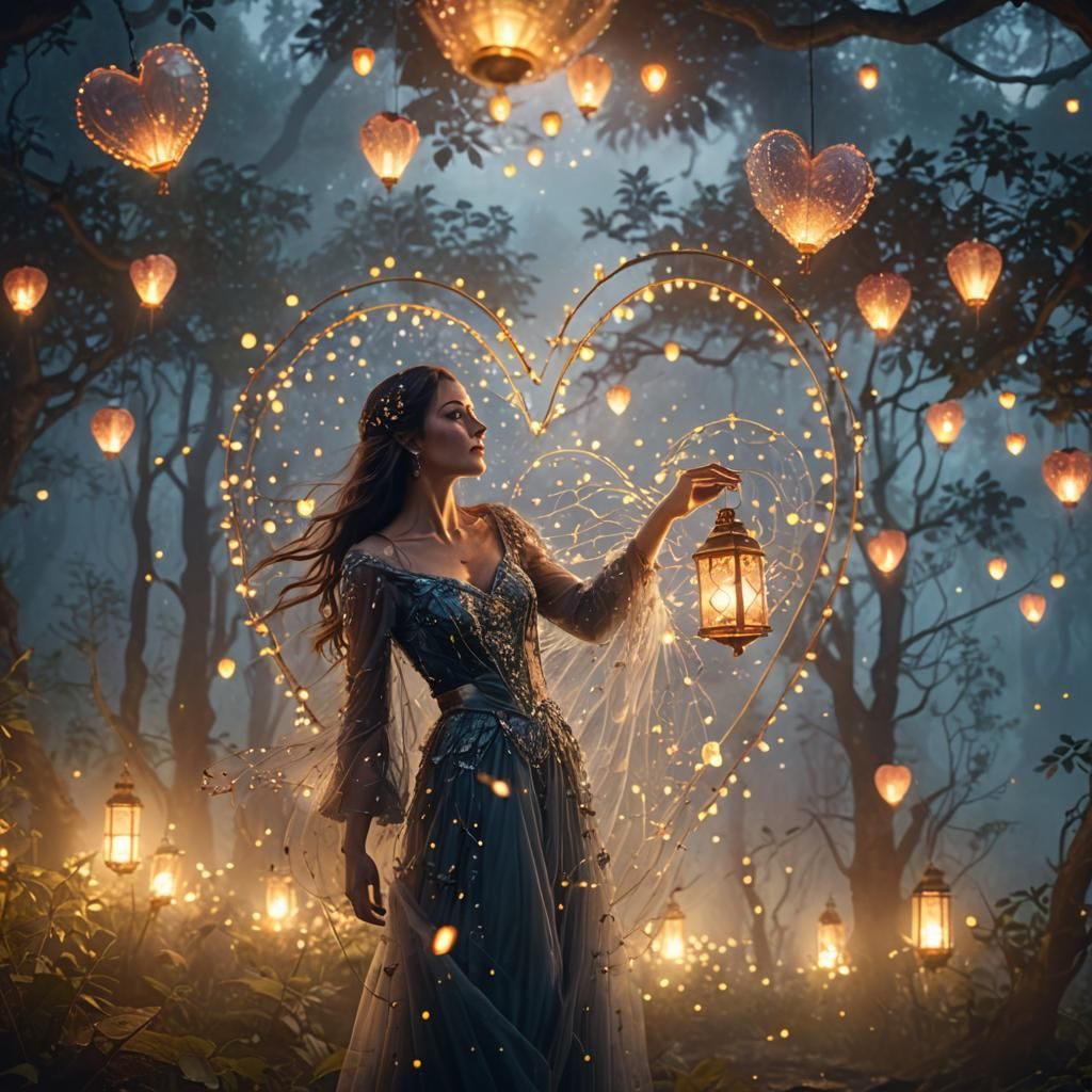 Ethereal Woman in Forest with Fireflies: Digital Matte Paint...