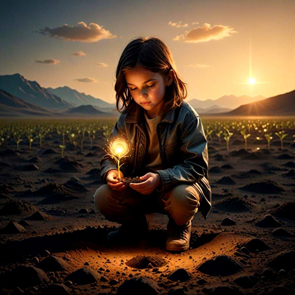 Child Plants Glowing Seed in Barren Surreal Landscape