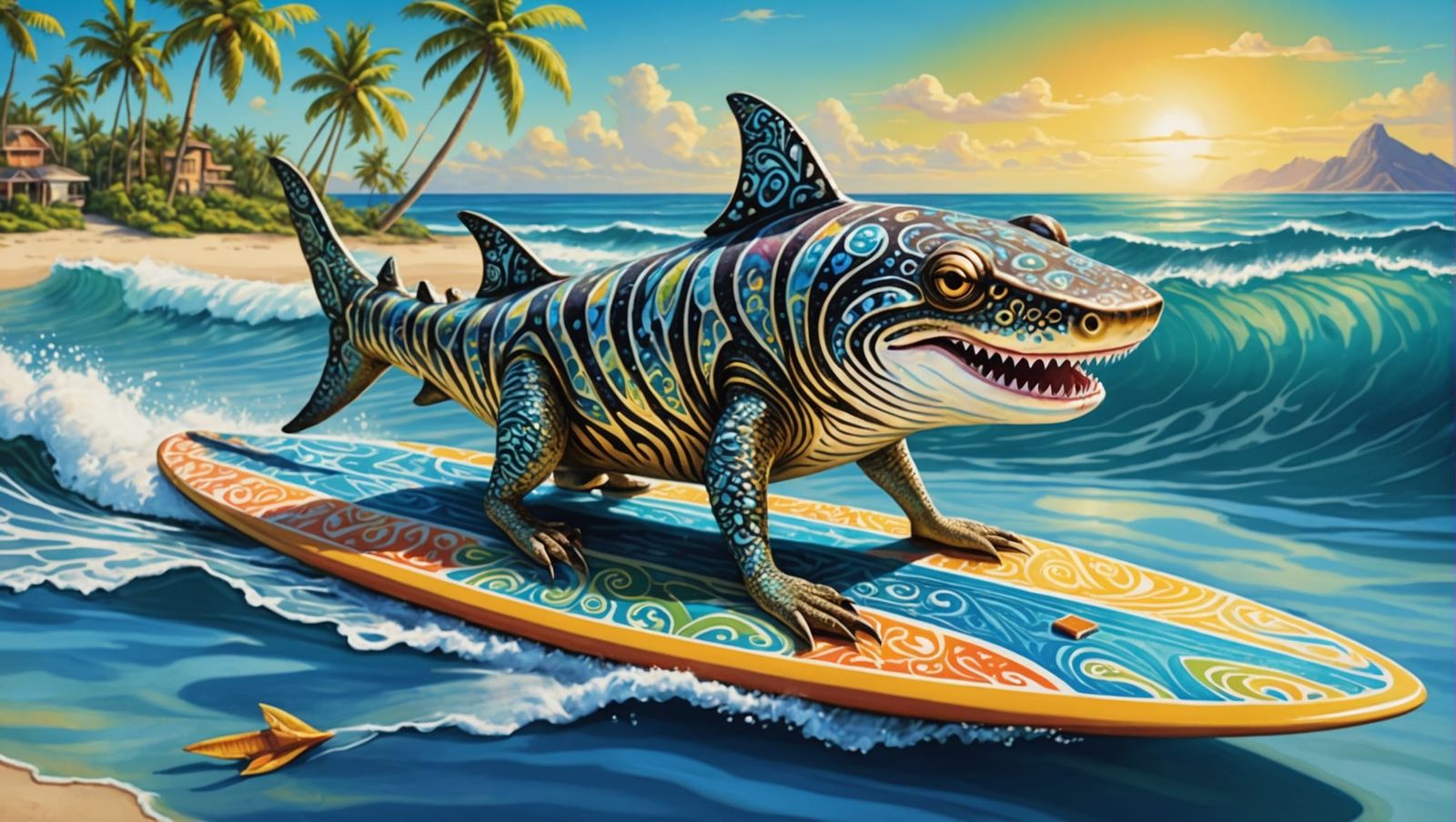 Psychedelic Zebra Shark Surfing in Vibrant Art