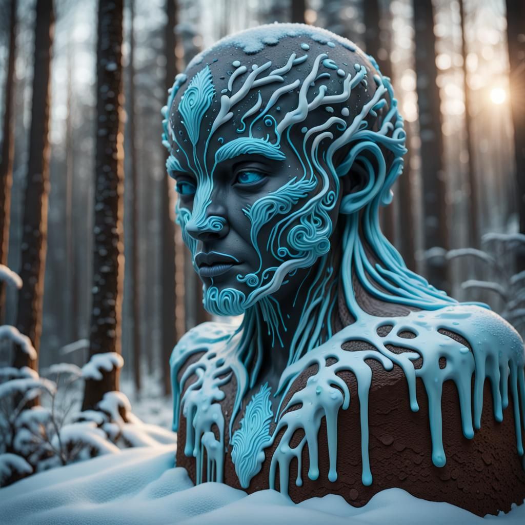 Bioluminescent Cake Sculpture in Winter Forest