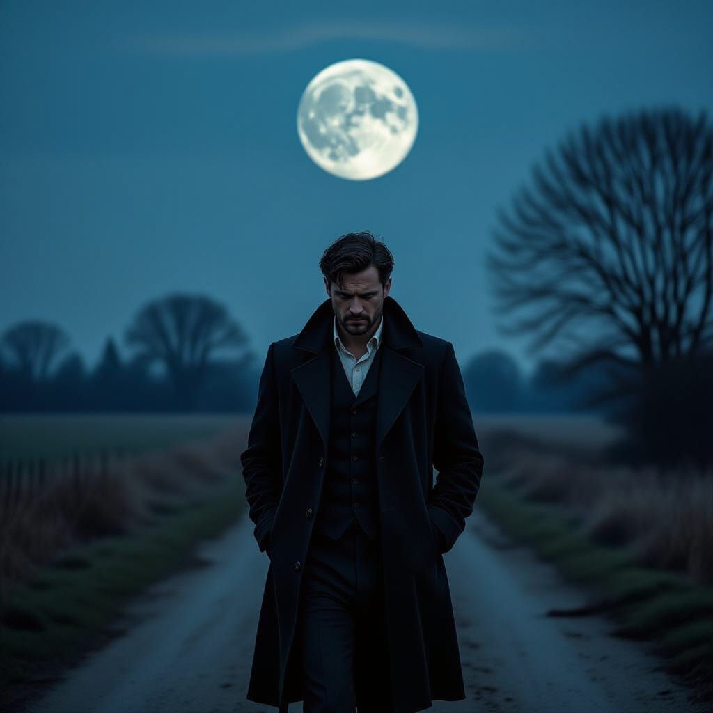 Sorrowful Man Walking a Moonlit Path