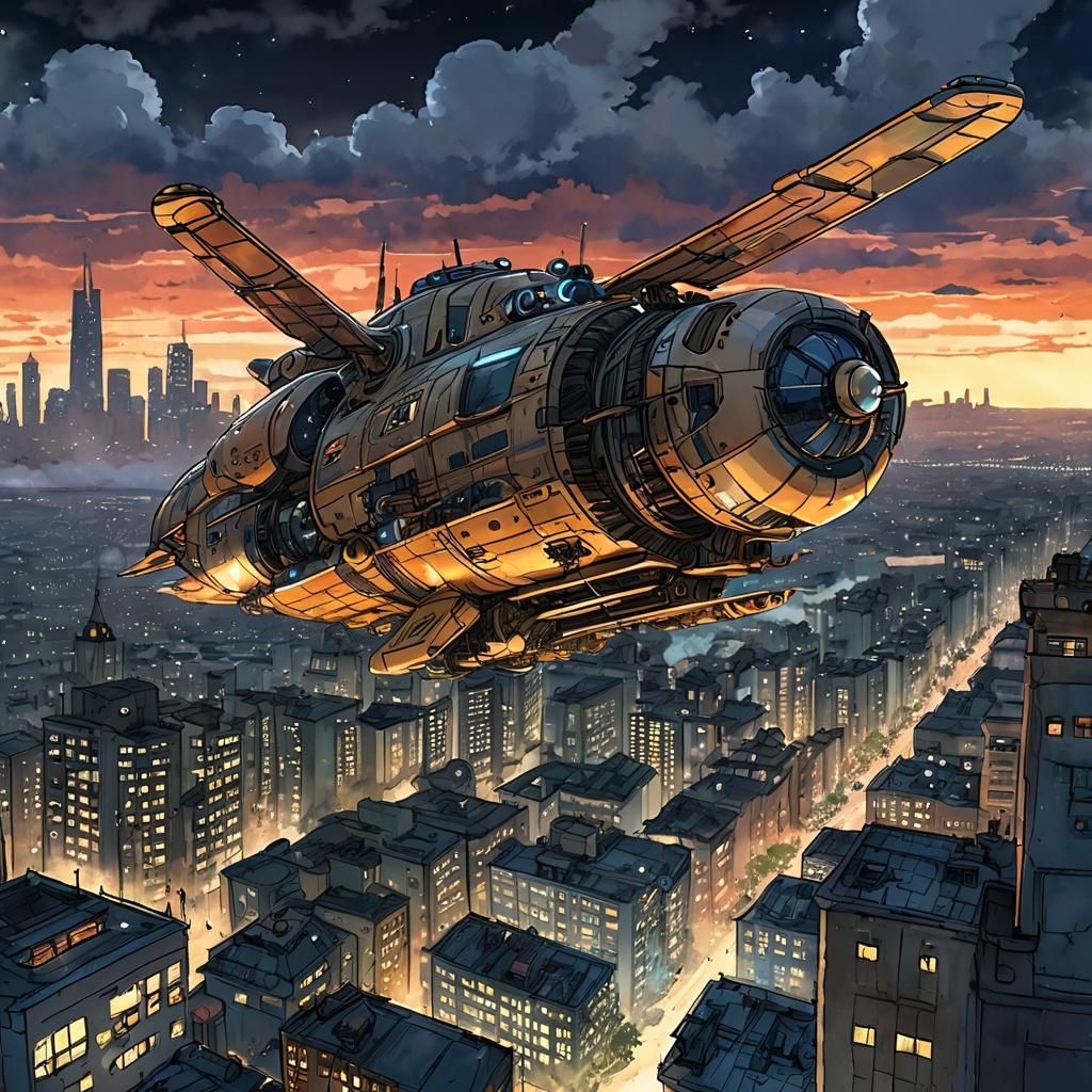 Colossal Hornet Spaceship Over City, Miyazaki Watercolor