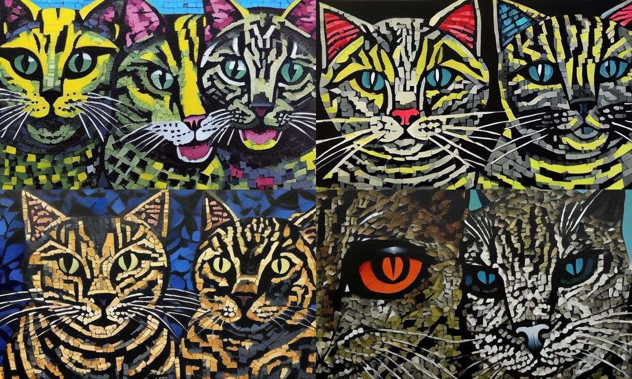 Experimental Mosaic Horror Cats in Acrylic Paint