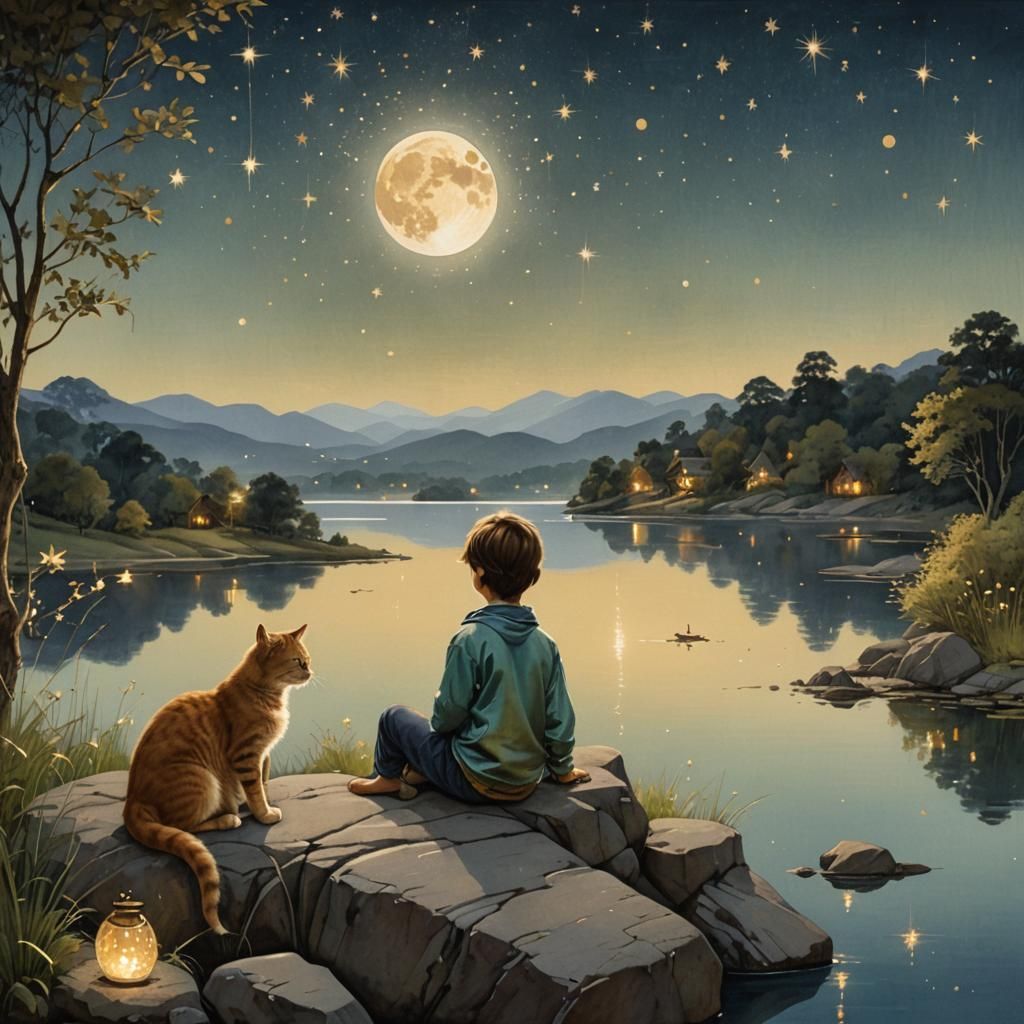 Little boy overlooking a peaceful lake