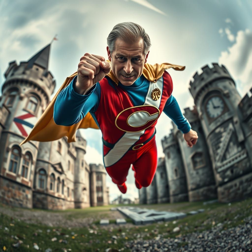 Regal Superhero Prince Charles in Red White Blue Spandex Sui...