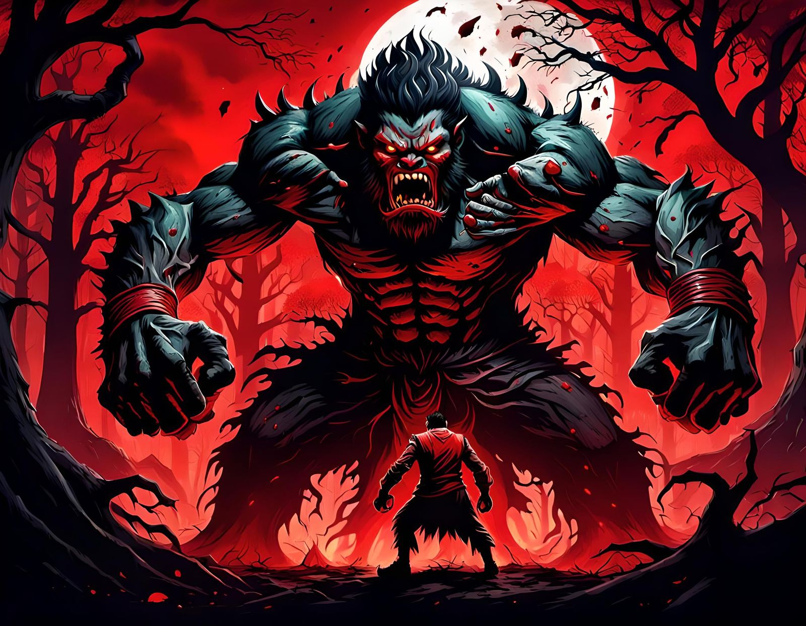 Red Demon Uproots Trees in Dark Blood Forest