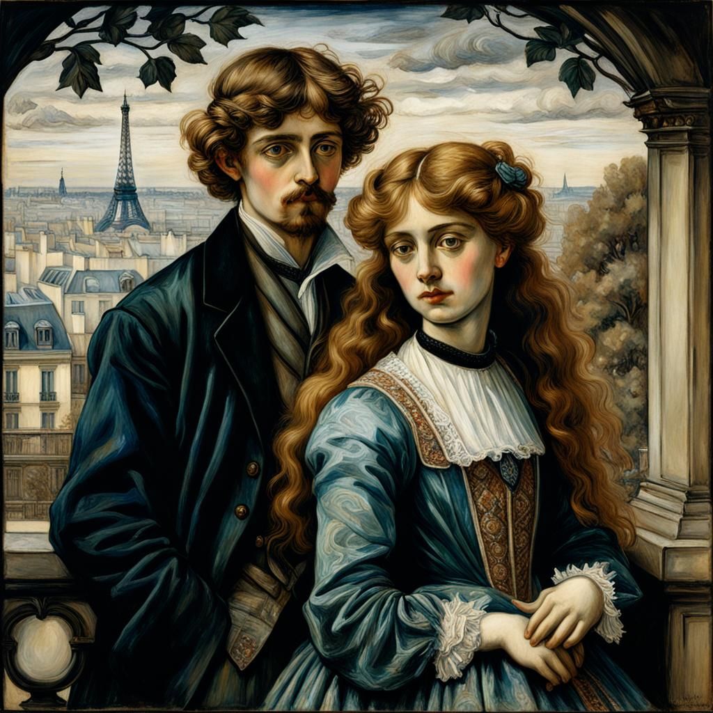 Parisian Couple Portrait in Pre-Raphaelite Chiaroscuro Style