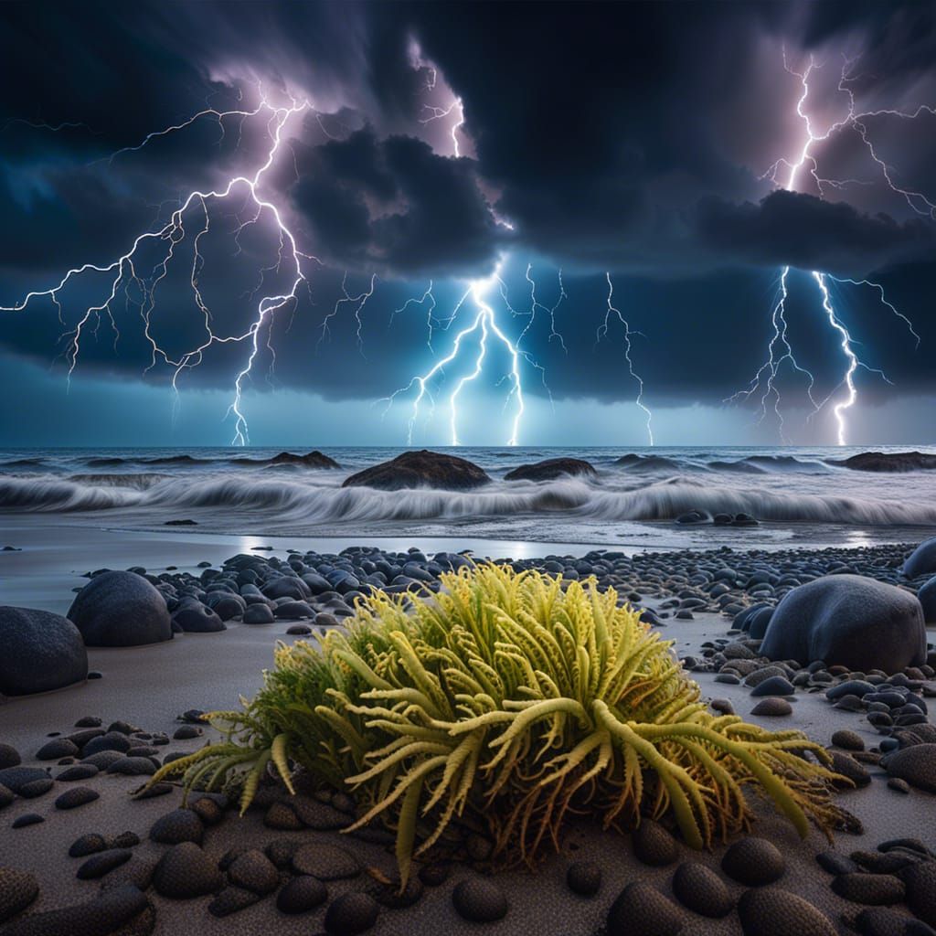 Alien Beach: Lightning Storm in Synthwave Neon Style