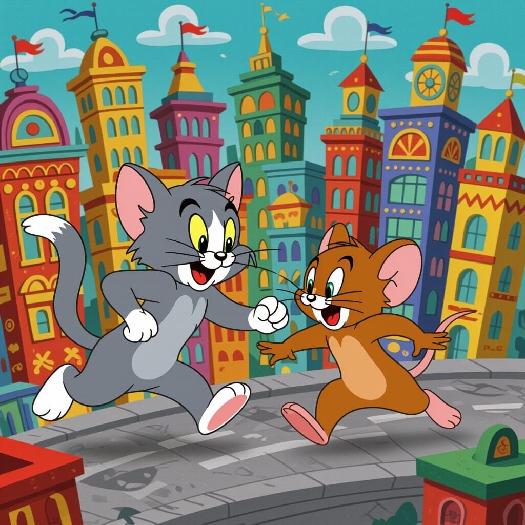 Tom and Jerry Cartoon Chase in Vibrant Cityscape