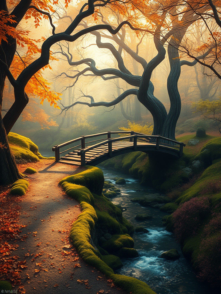 Autumn Woodland Scene with Bridge in Matte Painting Style