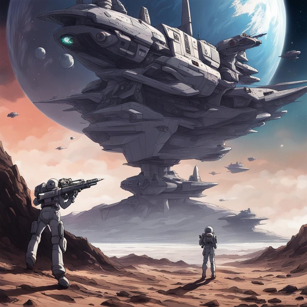 Space Battleship Landing on Alien Planet in Anime Style