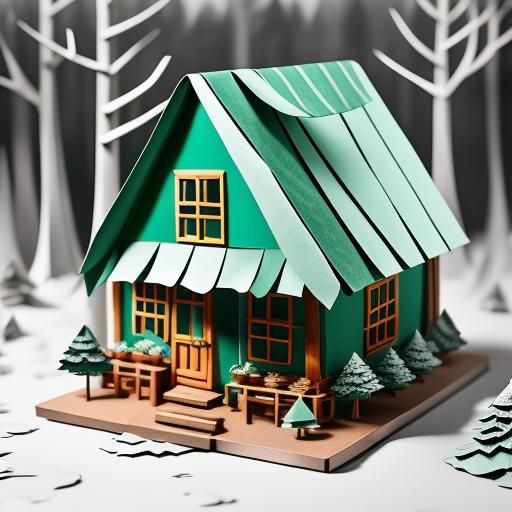 Origami Papercraft Cottage and Puppy in Forest