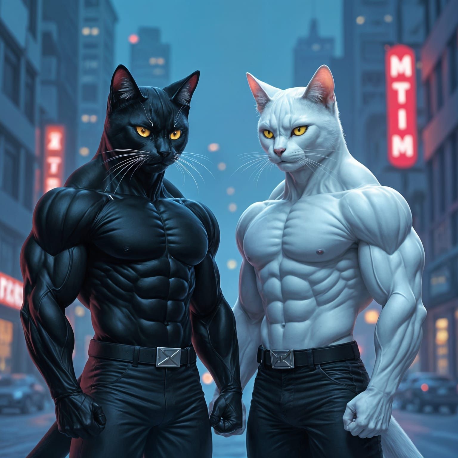 Muscular Cat Superheroes in Futuristic City