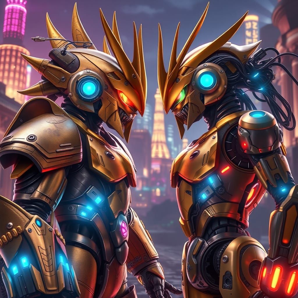 Goldorak Confronts Future Self in Cyberpunk Anime Art