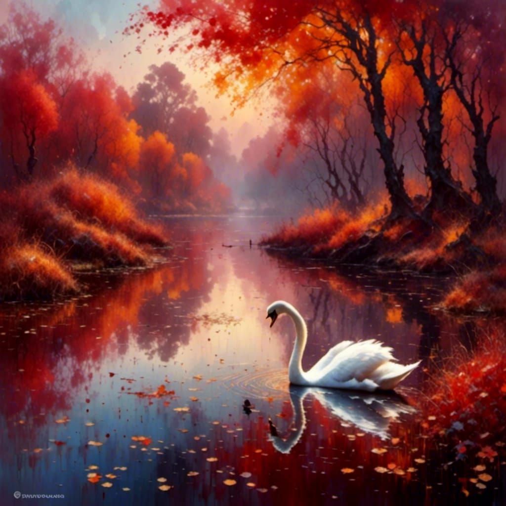 Elegant White Swan in Autumn Pond