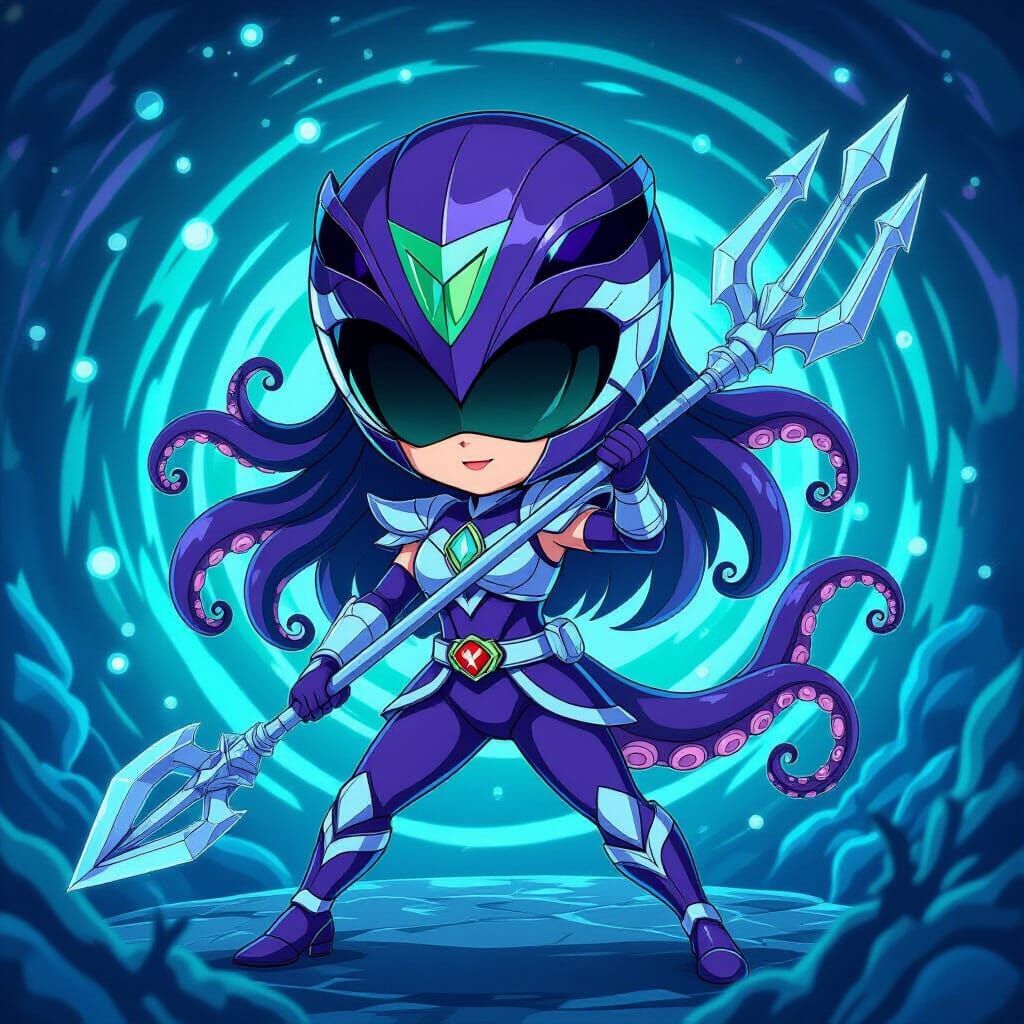 Chibi Kraken Power Ranger with Trident in Anime Style