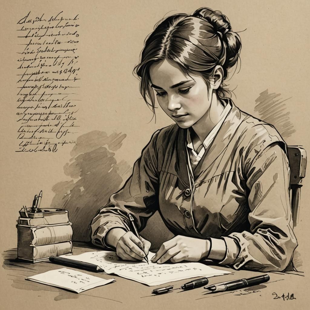 European Scribe Girl Drawing Letters with Brush
