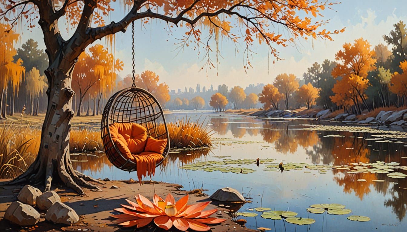 Autumn Zen: Chair by Lotus Lake in Oil Painting Style