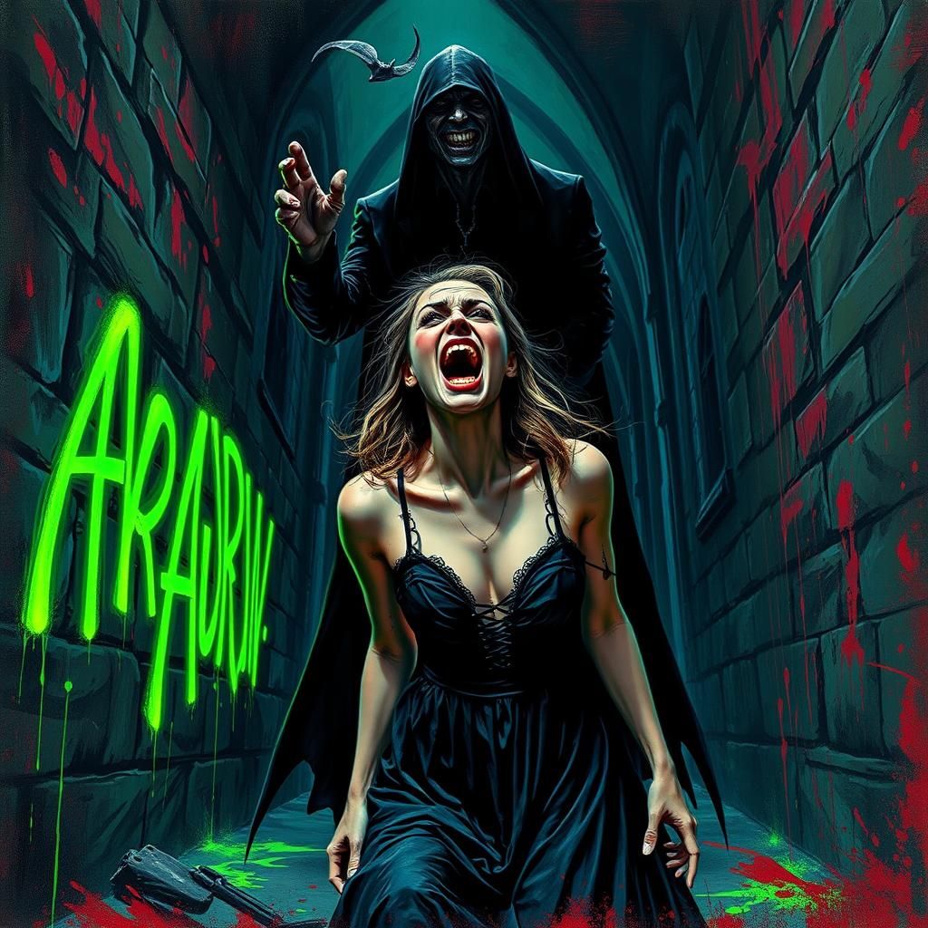 Terrified Woman Confronts Vampire in Graffiti-Lit Castle