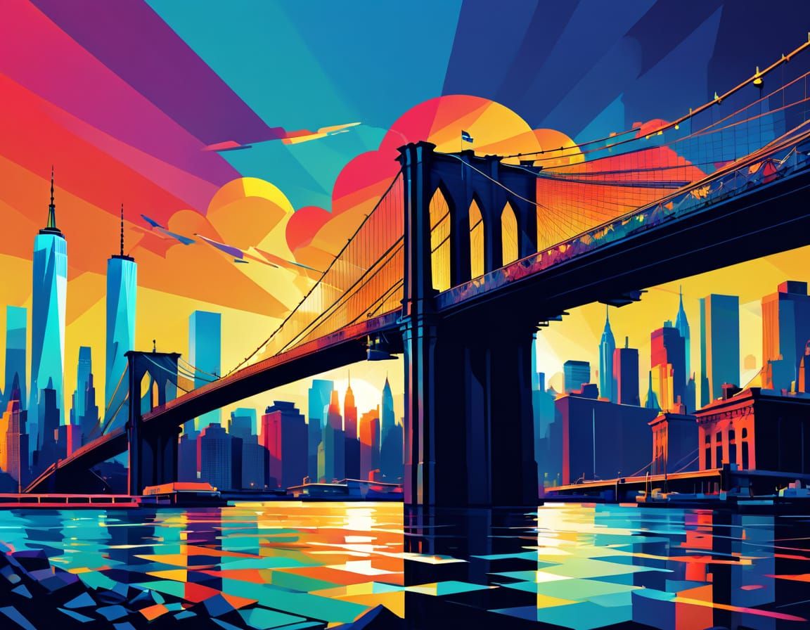 New York Skyline and Brooklyn Bridge in WPAP Style