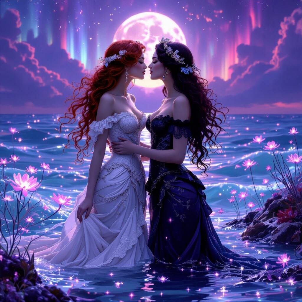 Victorian Mermaids Kissing Under Aurora Borealis