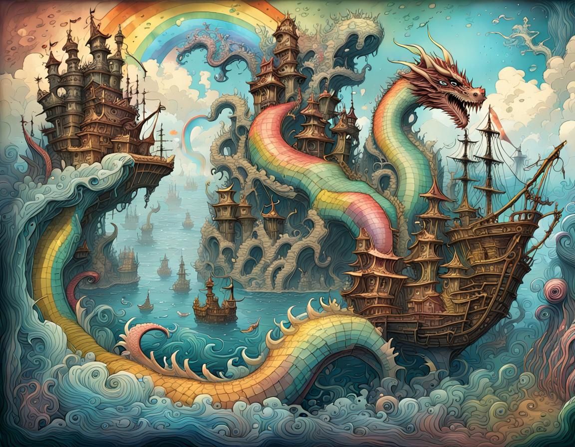 Rainbow Dragon Pirate Map in Gouache Illustration