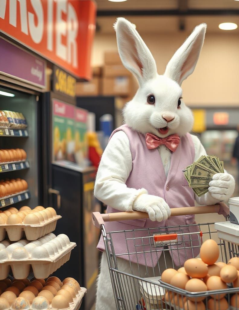 Anthropomorphic Easter Bunny Shops for Eggs in Fantasy Groce...