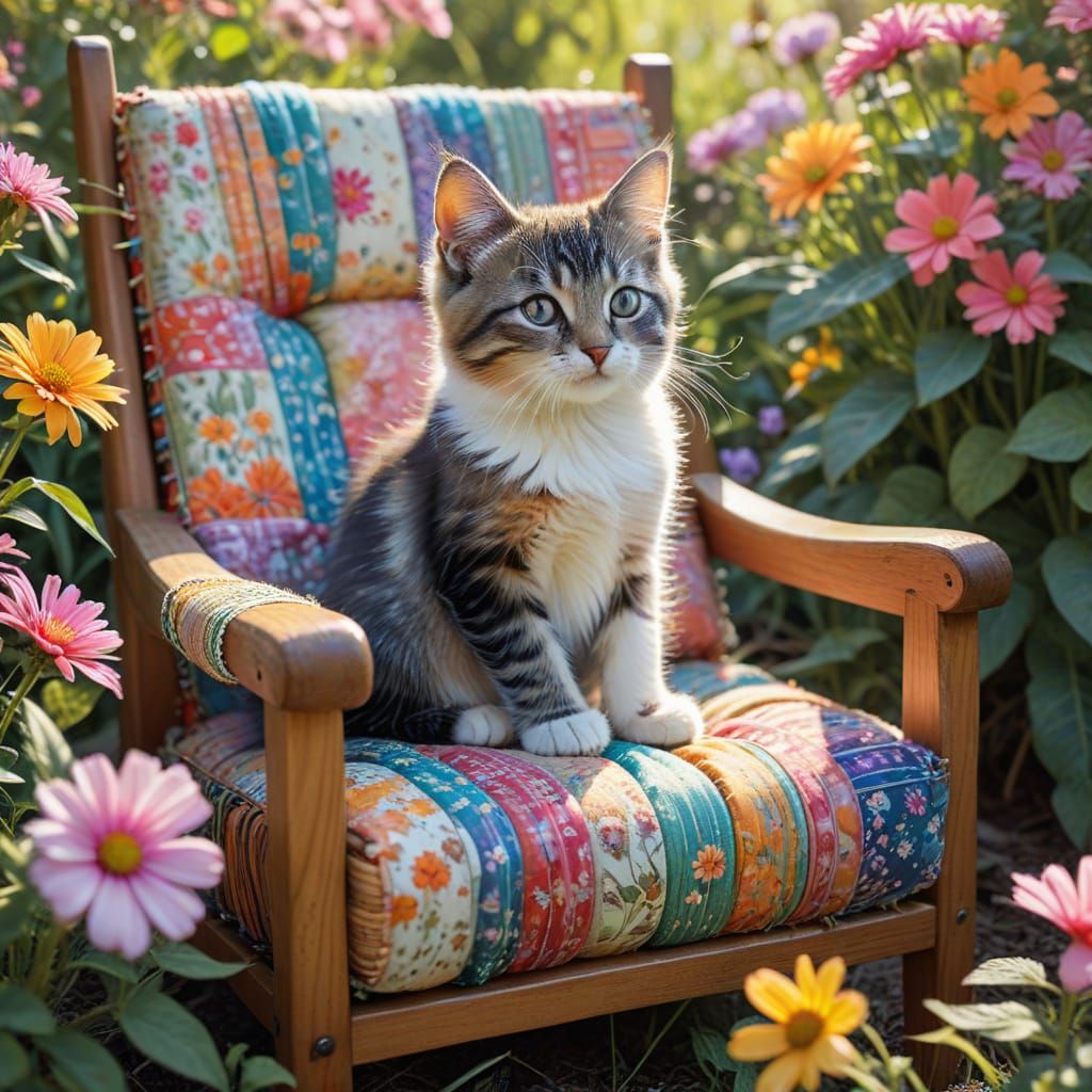 Charming Whimsical Illustration of a Kitten in a Blooming Ba...