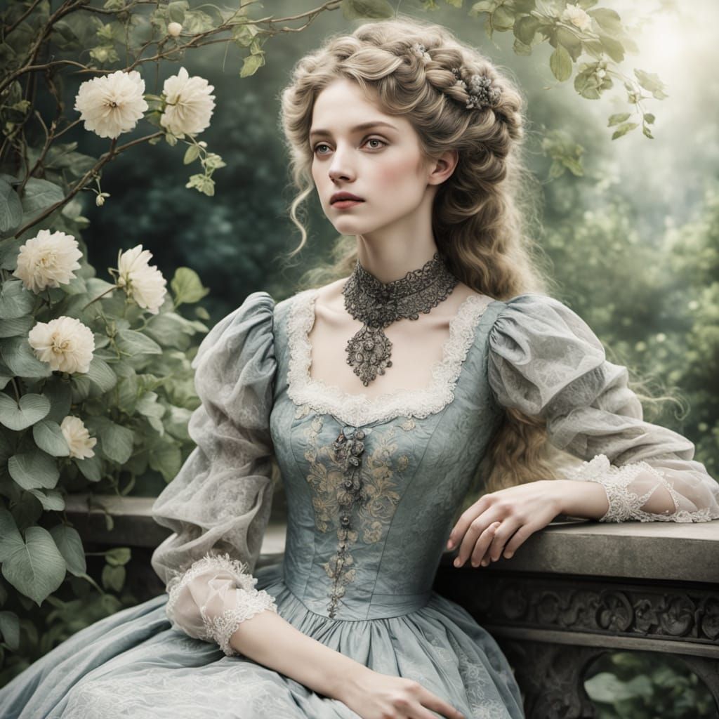 Victorian Lady in Garden, Arthur Rackham Style