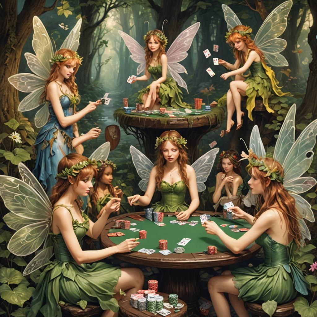 Fairies Playing Poker in Enchanted Forest