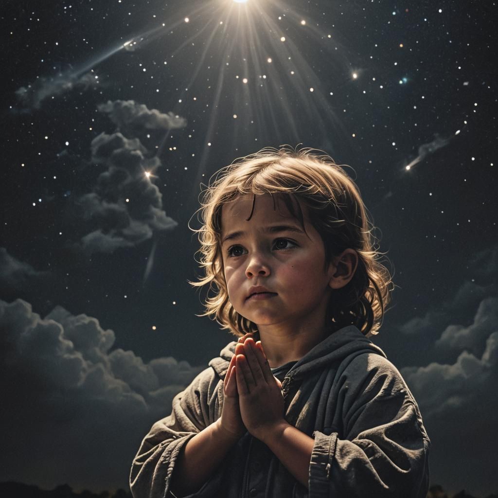 Child Praying in Darkness Under Divine Light