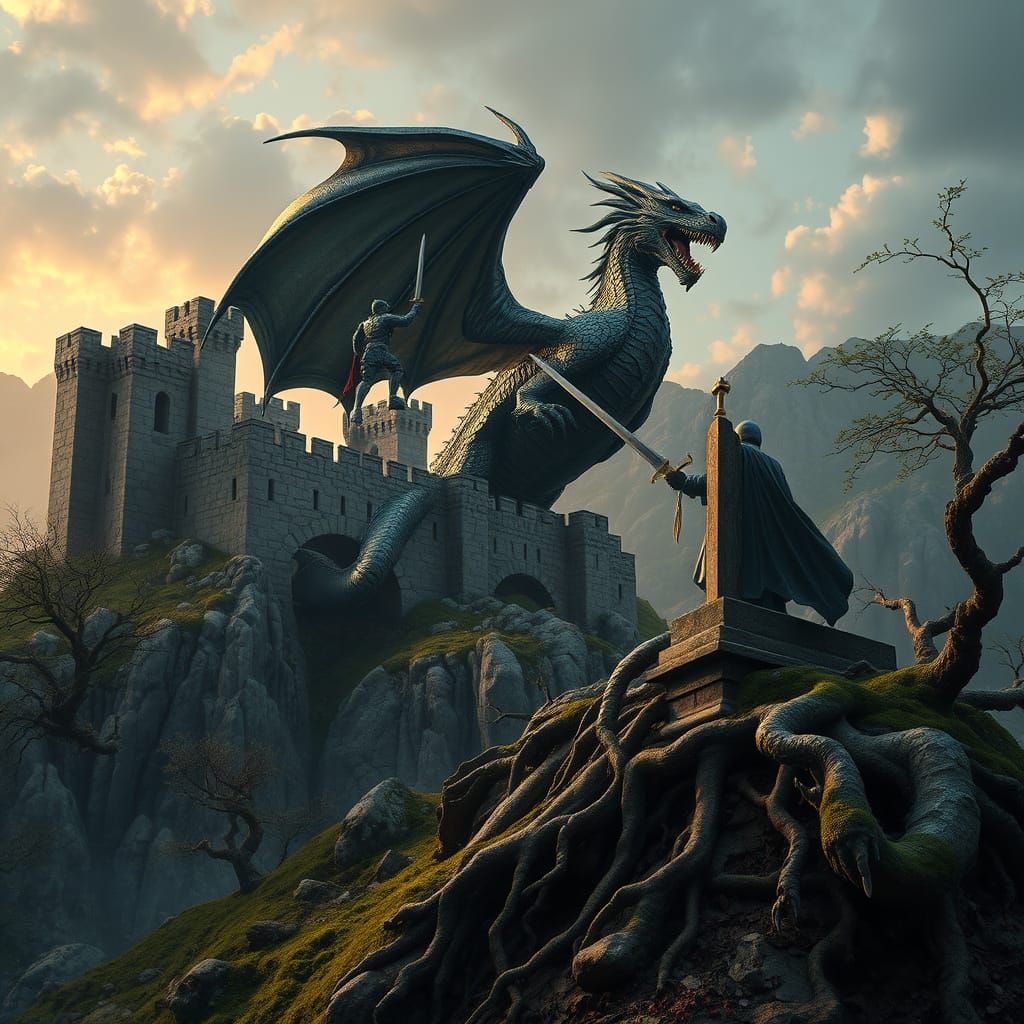 Medieval Fortress at Sunset with Dragon Slaying Scene in Fan...