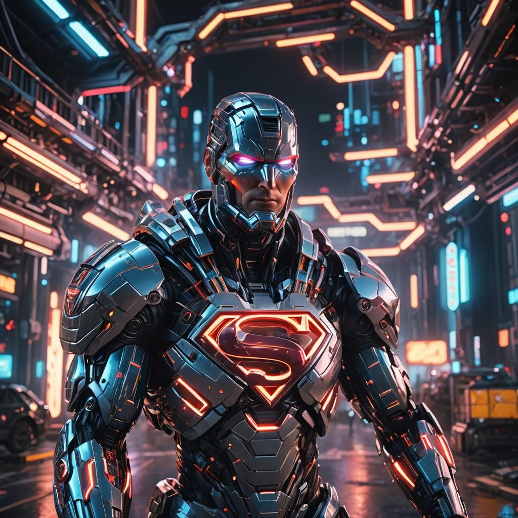 Futuristic Superman in Neon Lights: Sci-Fi Render
