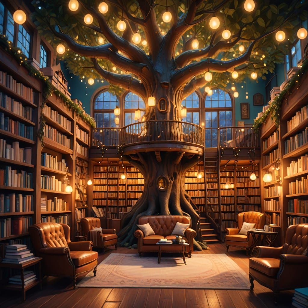 Cozy Bookstore in a Tree: Fantasy Illustration