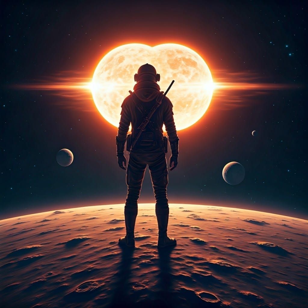 Brave Explorer Stands on Distant Moon Amid Twin Suns