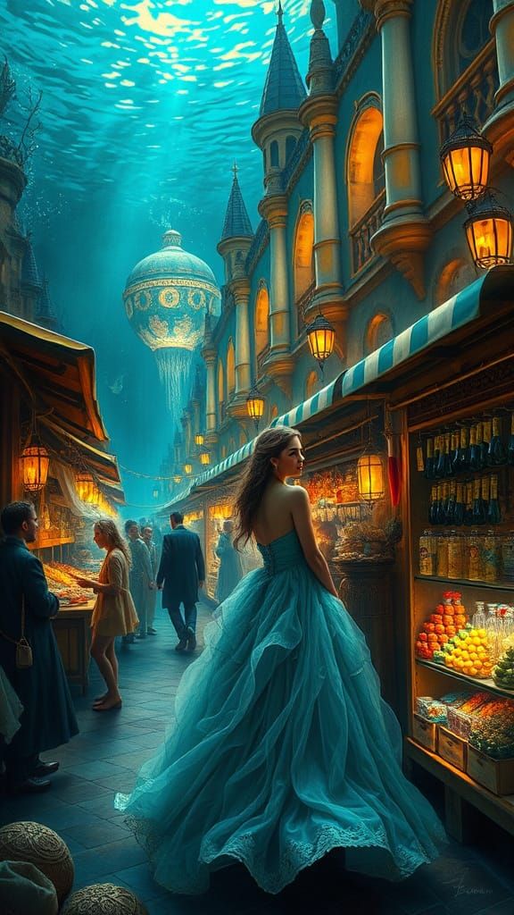 Atlantis Marketplace: Medieval Oil Painting of Underwater Ci...