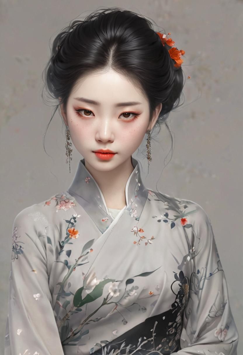 Serene Anime: Chinese Woman in Meadow, Hyper-Realistic Detai...