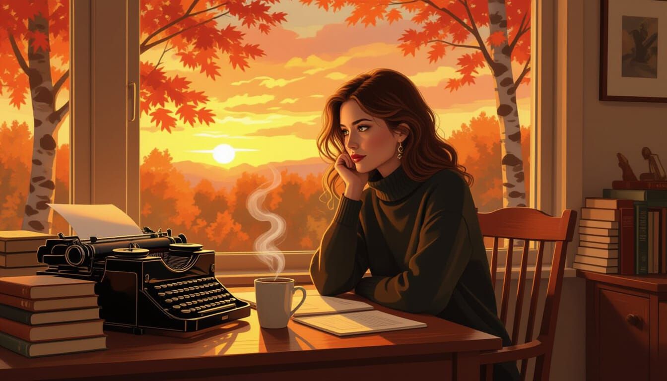 Autumn Sunset Office Scene with Painterly Strokes