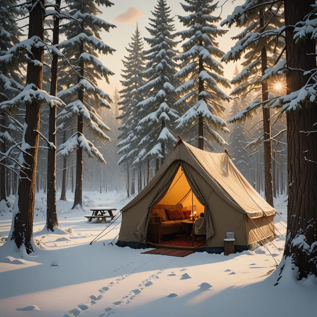 Cozy Alaskan Winter Scene in Earthy Oil Painting Style