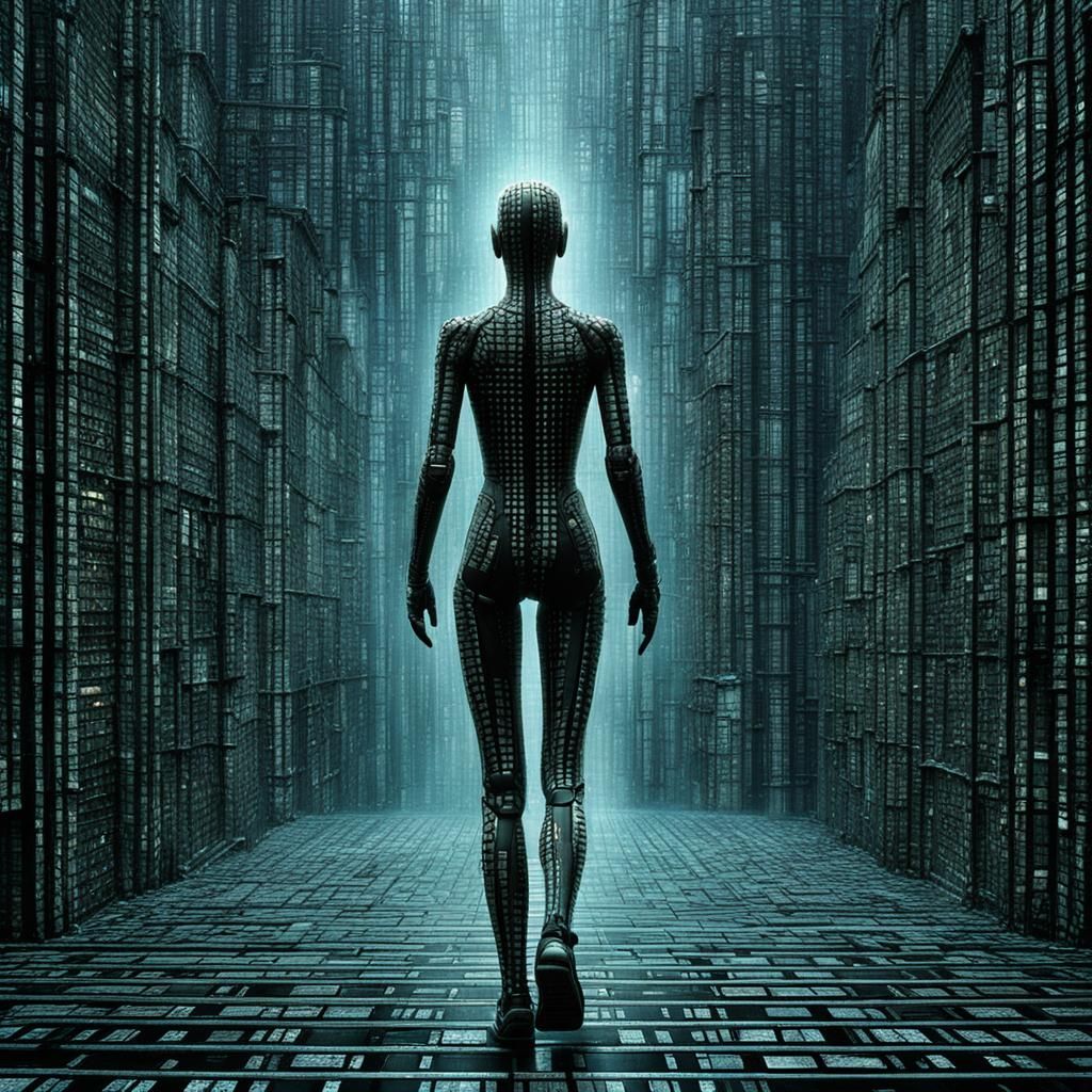 La femme humanoïde marche dans la matrice