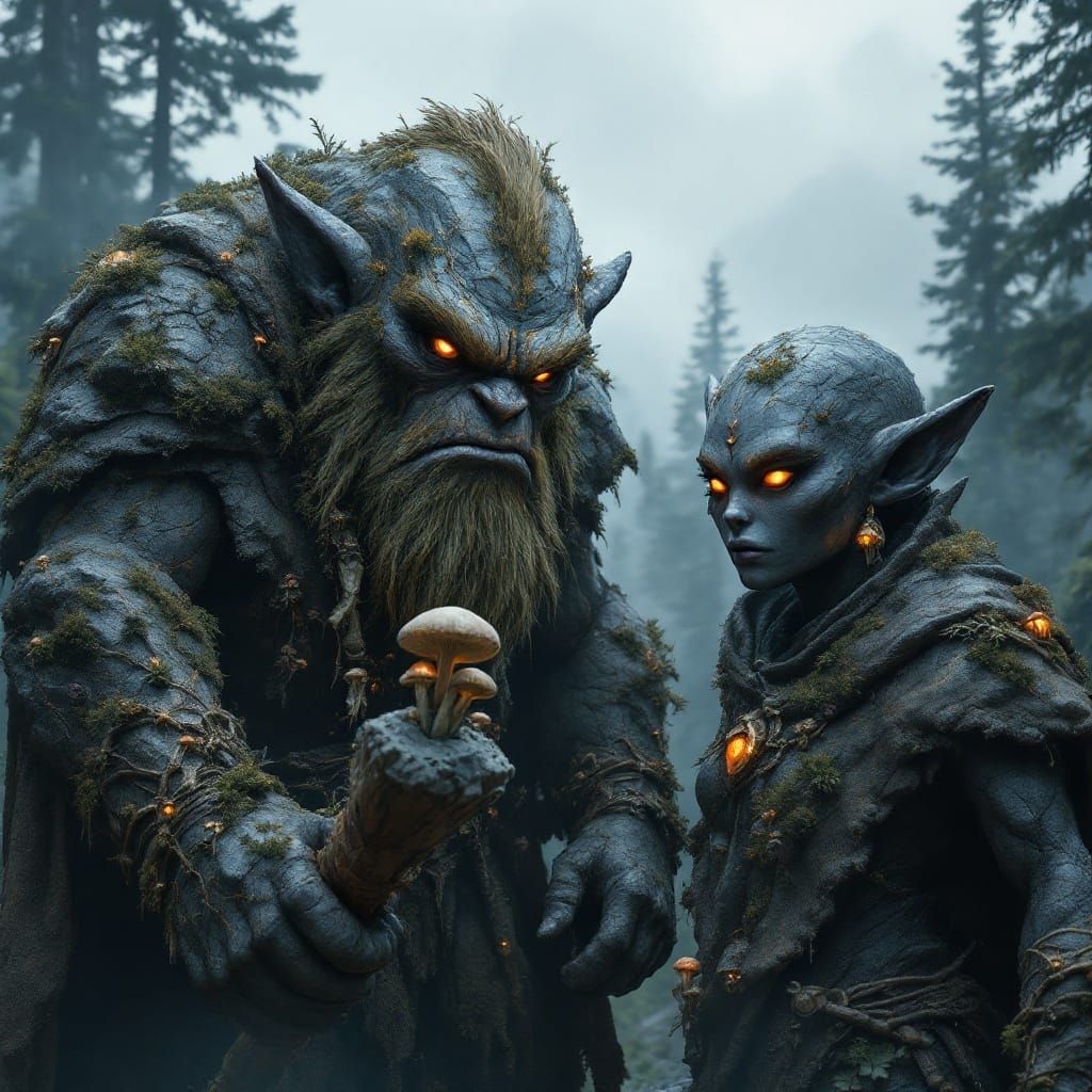 Massive, Fierce Rock Trolls in a Misty Mountain Backdrop