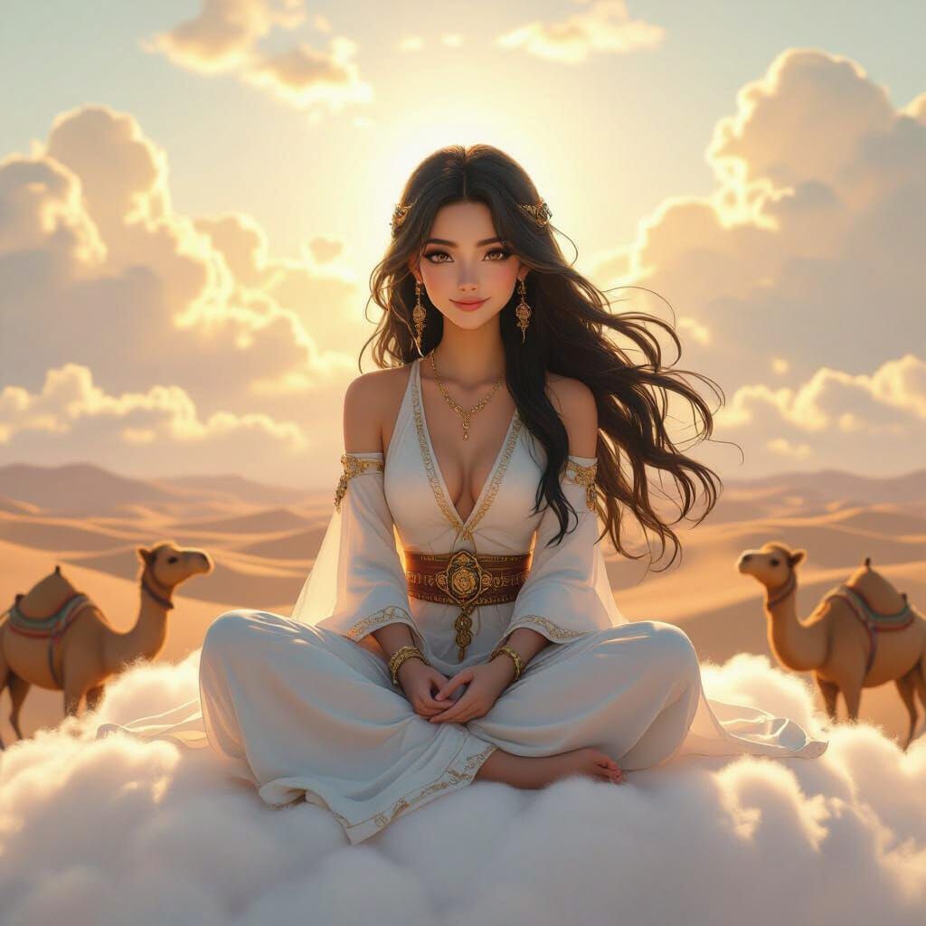 Ethereal Djinn Above Desert in Anime Style