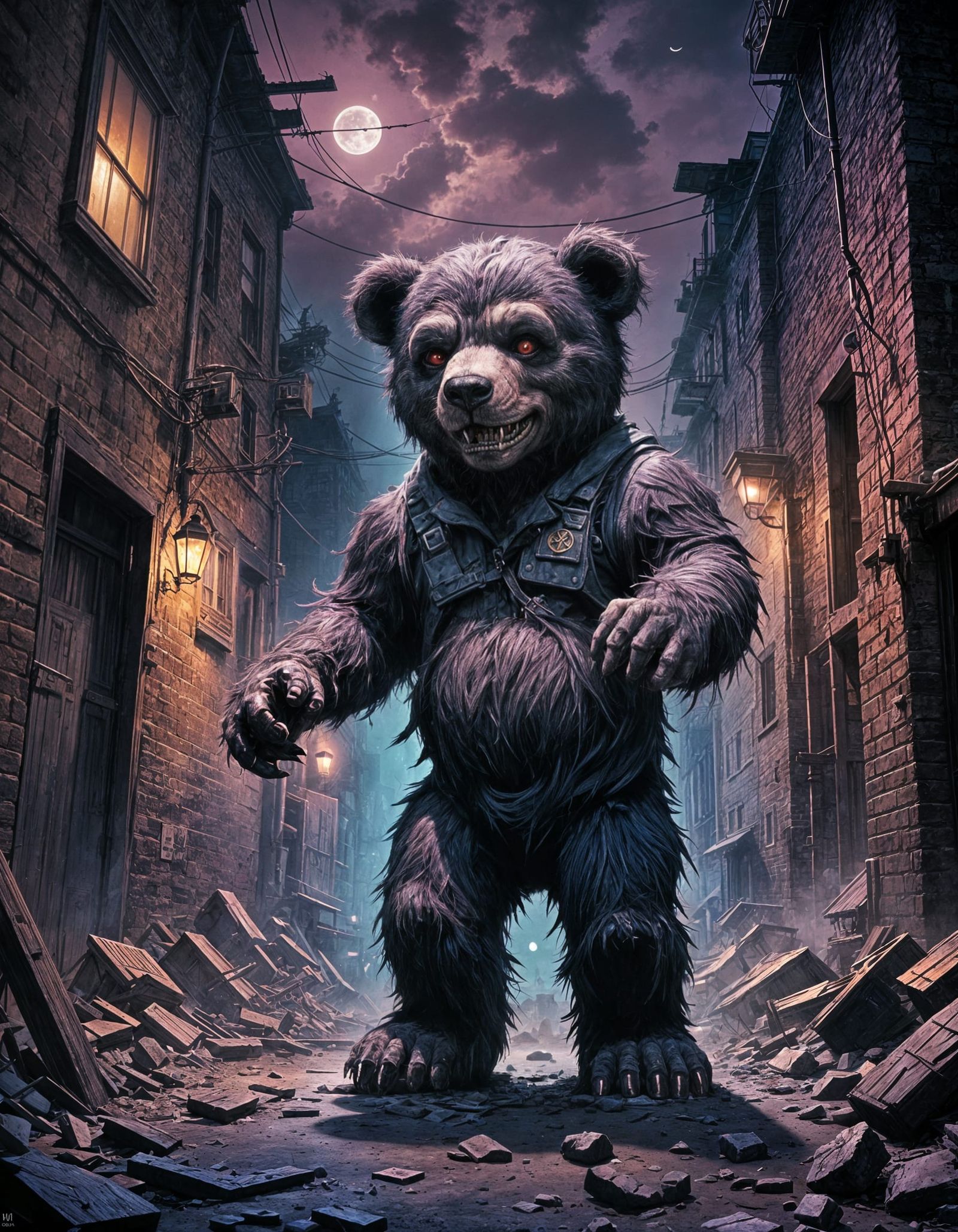 Zombified Teddy Bear in Seedy Alleyway