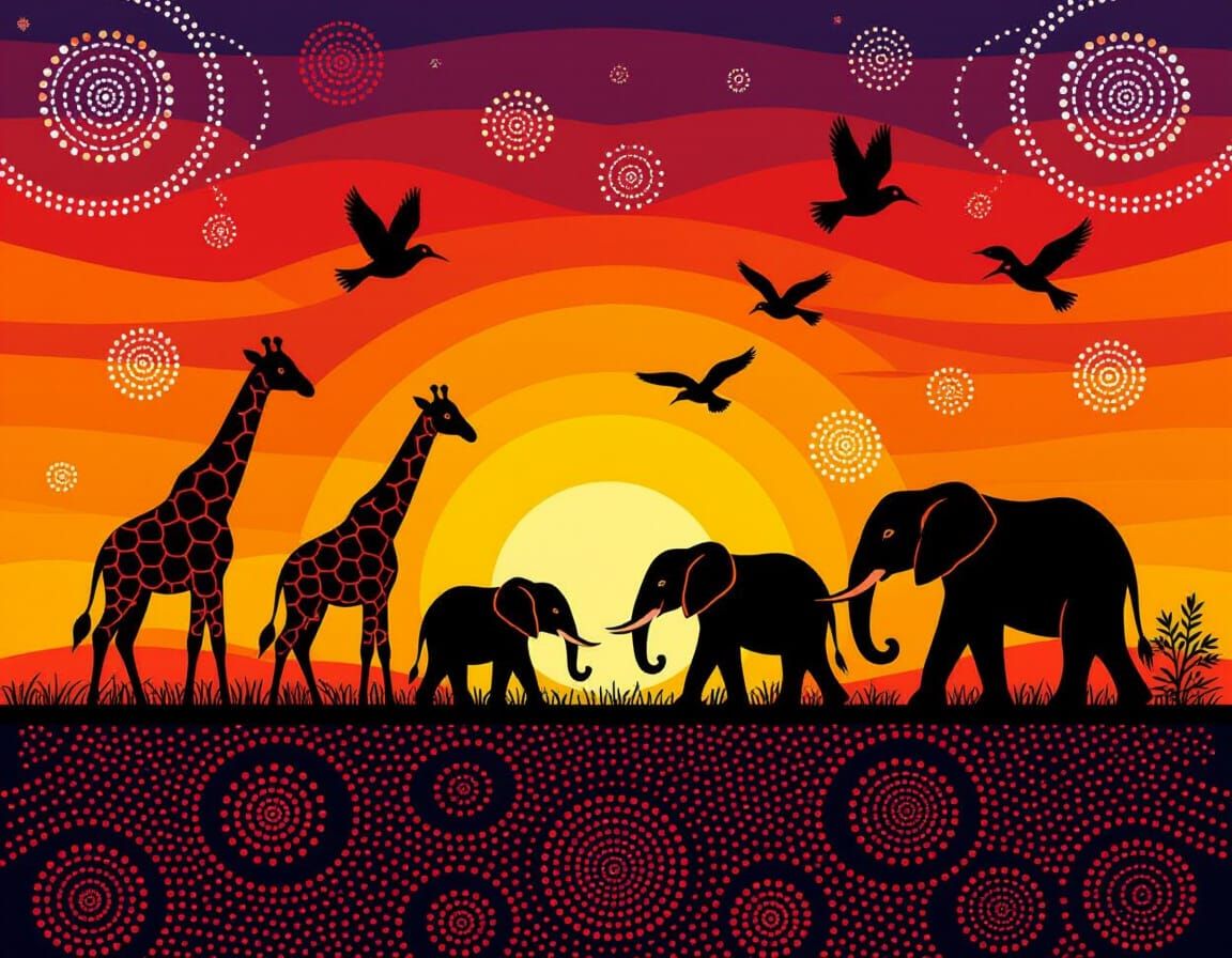 Savanna Sunset in Aboriginal Art Style
