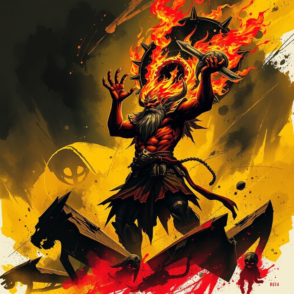 Hades in Ink-Wash Underworld with Fiery Helmet