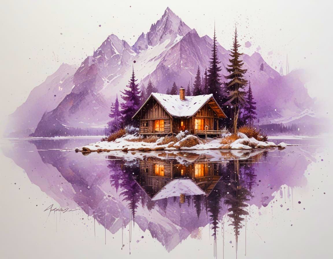 Serene Alpine Lake Reflections Under Twilight Snowfall