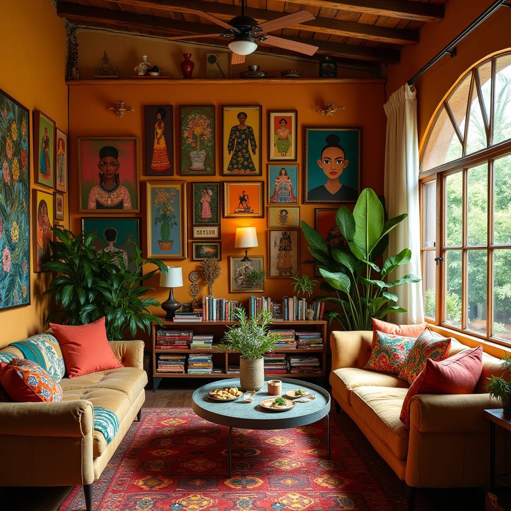 Eclectic Art Salon in Warm, Inviting African-Inspired Living...