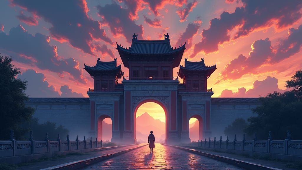 Imposing Chinese City Gate Readying for War in Anime Style