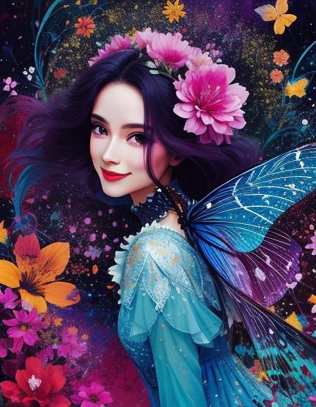 Cheerful Fairy Portrait with Ink Splatter Effect