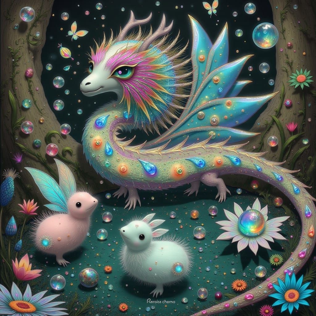 Whimsical Dragon in Iridescent Realm of Lush Flora and Fauna